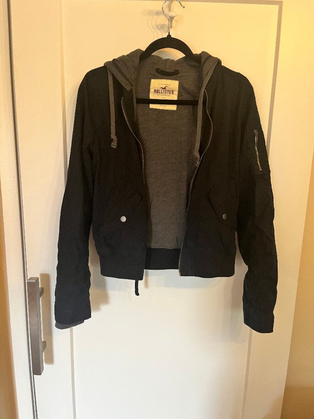 Hollister Black Hooded Bomber Jacket Fleece Lined Womens M